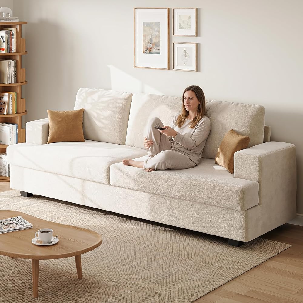 89" Cream White Couches for Living Room, 3 Seater Couch with Deep Seat, Oversized Loveseat Sofa for Apartment and Small Spaces