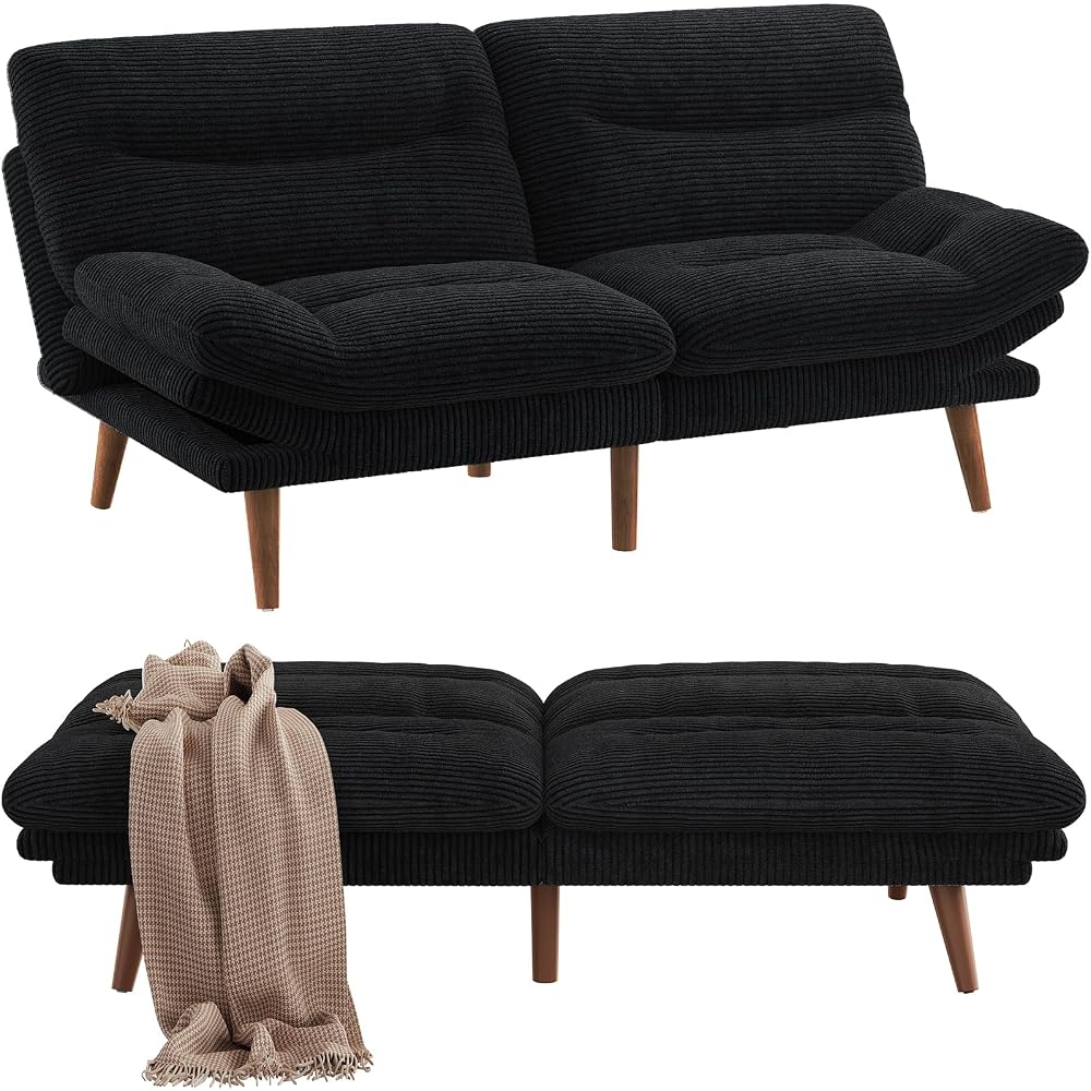 Futon Sofa Bed, Modern 66" Futon Couch Convertible to Bed & Lounger, Compact Size, Corduroy Loveseat, Durable Construction - Fits Small Spaces, Apartments,Study Room(Ink Black, 66 Inch)
