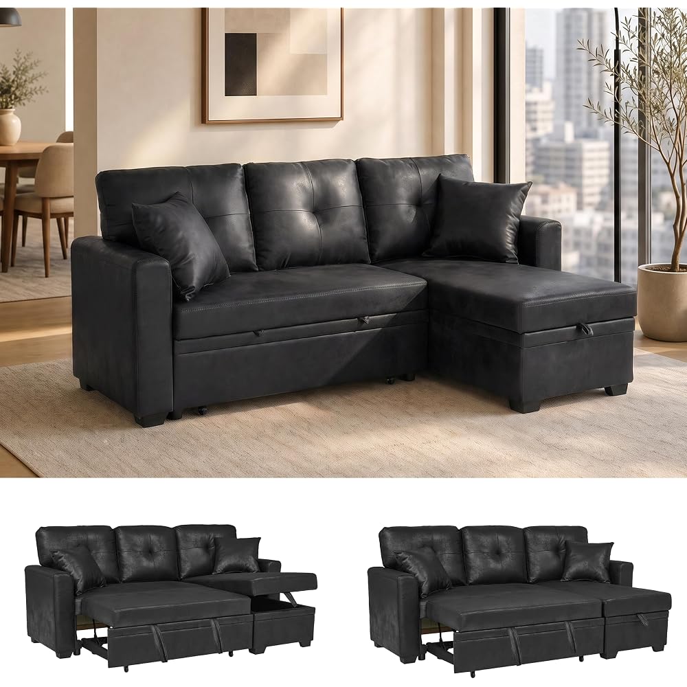 71" L-Shaped Couch with Pull-Out Bed, Leather-Look Fabric, Black