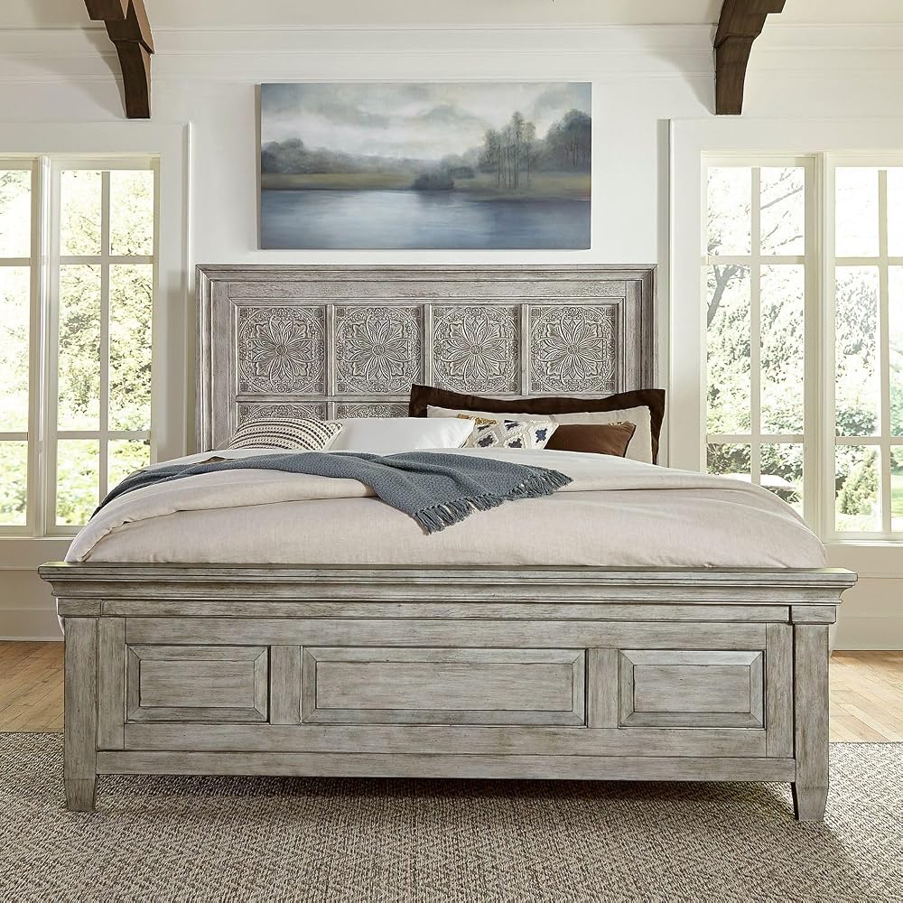 Liberty Furniture Heartland King Optional California Panel Bed Frame Farmhouse Bedroom with Antique Ceiling Tile Headboard - Antique White