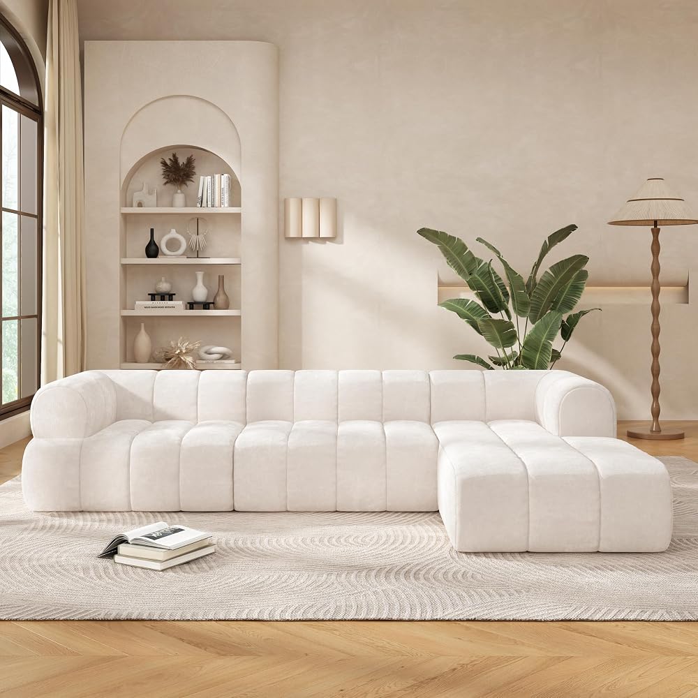 122" Modern L-Shaped Sectional Sofa with Chaise Lounge,Skin-Friendly Fully Compressed Sponge Couch,High-Density Foam Cushions,Right Hand Facing,Lounge Seating for Living Room,Beige