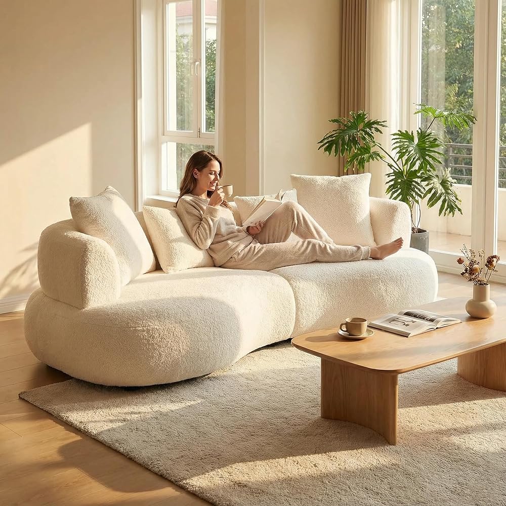 Curved Sectional Sofa, 102", 4-Seater, Pillows, Deep Seats, Boucle, Modern