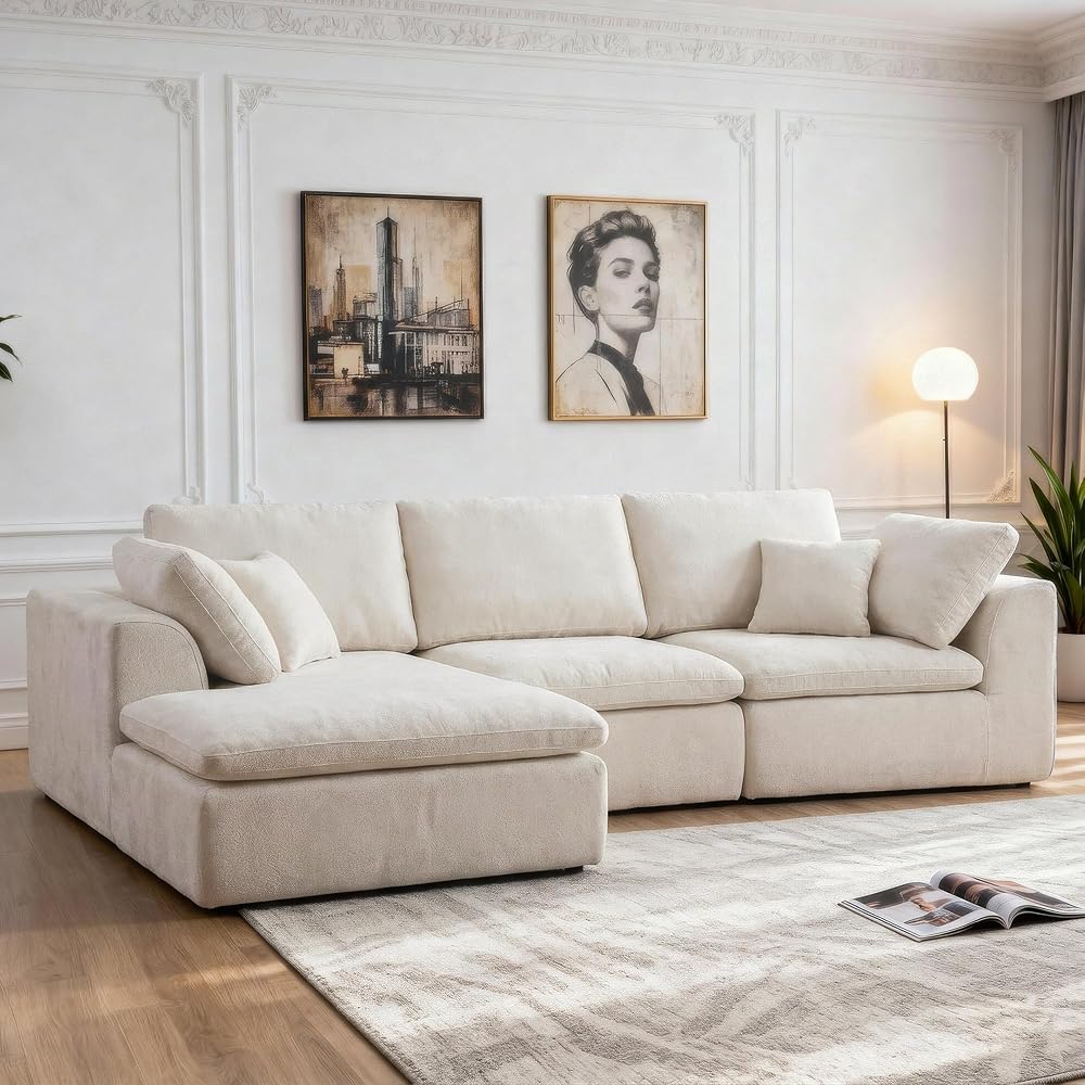 Boneless Sectional with Chaise, 110" L-Shaped Cloud Couch for Living Room, Deep Seat Chenille Floor Sofa, Frameless Modular Lounge Set (Beige, Left Facing Chaise)
