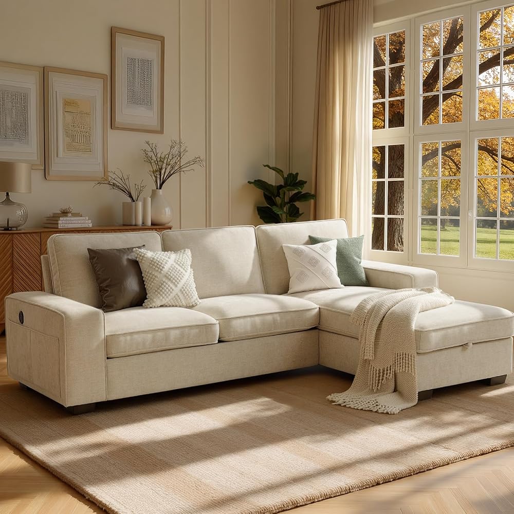 99 inch L-Shaped Couch with Chaise Storage, 3-Seat Sectional Sofa, Beige