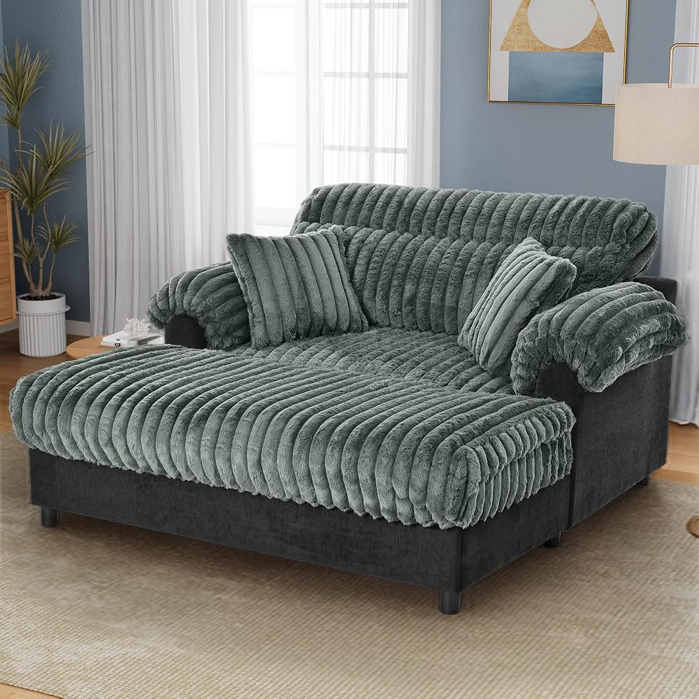 62" Modern Chaise Lounge Sofa, Cloud Chaise Sofa Cozy Plush Couch with Two Throw Pillows, Ergonomic Backrest & Curved Armrest Design for Living Room