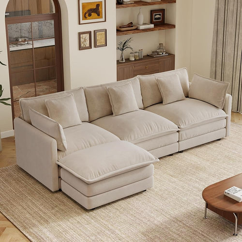 103.8" L-Shaped Modular Sectional Couch with Ottoman, Cloud Sofa