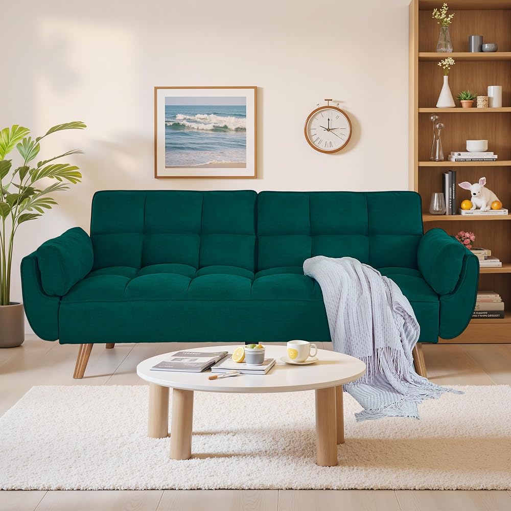 Convertible Futon Couch Bed, Sleeper Sofa Bed with Adjustable Backrests, Linen Futon Sofa 3 Seater Comfy Couch for Small Spaces, Living Room, Bedroom(Green, 75")