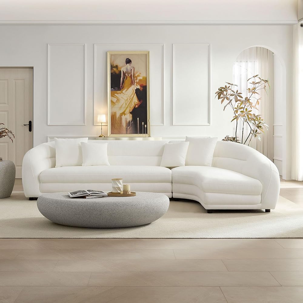 125" Curved Oversized Boucle Modular Sectional Sofa with Right Chaise, Upholstered 4-Seater Comfy Couch with 40D High-Density Rebound Foam & 4 Pillows, Easy Assembly, for Living Room, White