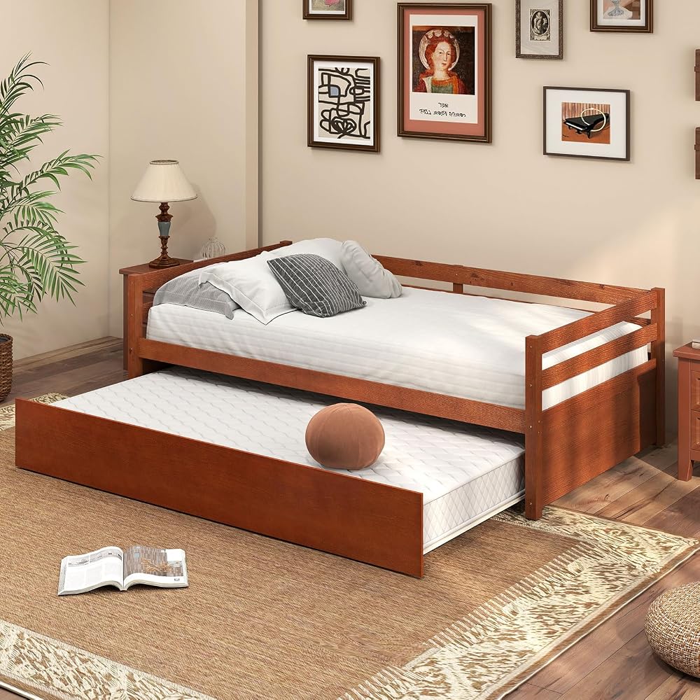 Twin Daybed with Trundle, Wood Trundle Bed with Wood Slat Support, Mid Century Day Bed Frame for Living Room Guest Room, No Box Spring Needed, Walnut