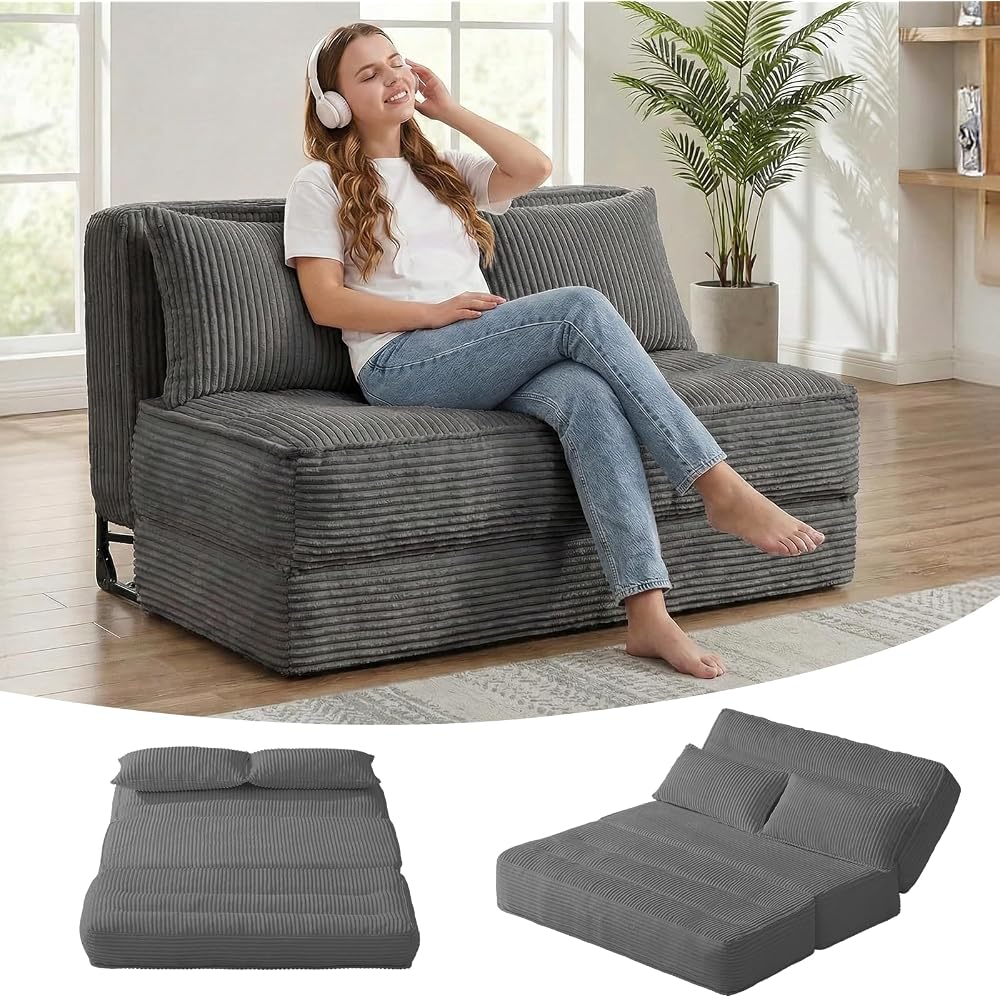 Convertible Boneless Sofa Bed with Fixed Frame,Boneless Loveseat Sleeper with 5-Position Adjustable Backrest & Thickened Cushion,Futon Couch with 2 Pillows for Bedroom,Small Spaces,Grey