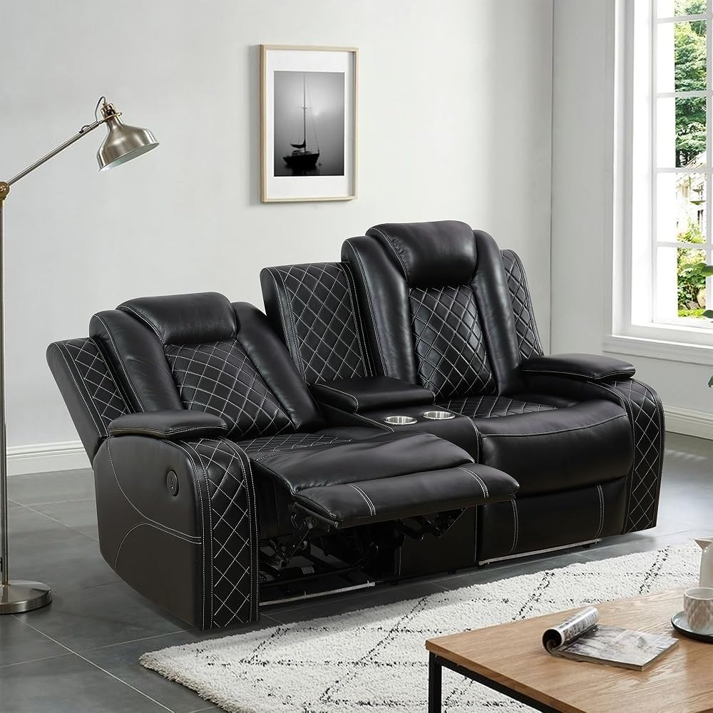 Breathable Leather Recliner Sofa,Power Recliner Chair with LED Lights & Double Reclining Loveseat for Living Room Home Theater, Black