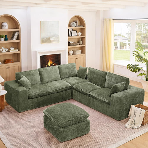 107" L-Shaped Oversized Boucle Modular Sectional Sofa with 1 Ottomans and Pillows, 6-Seater Upholstered Boneless Comfy Cloud Couch, DIY Combination, No Assembly Required, for Living Room, Green