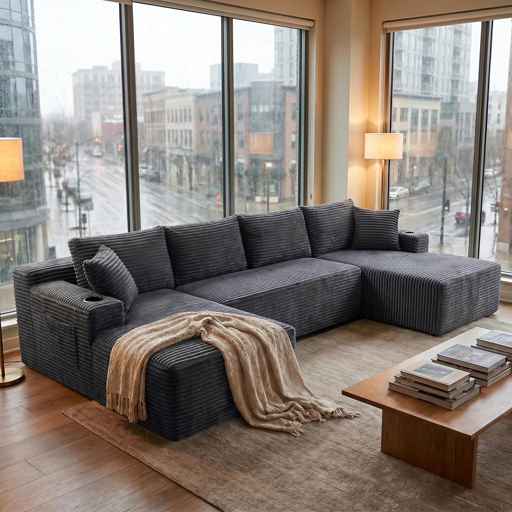 125" Modular Sectional Sofa Couch, U-Shaped Boneless Couch, Dark Grey