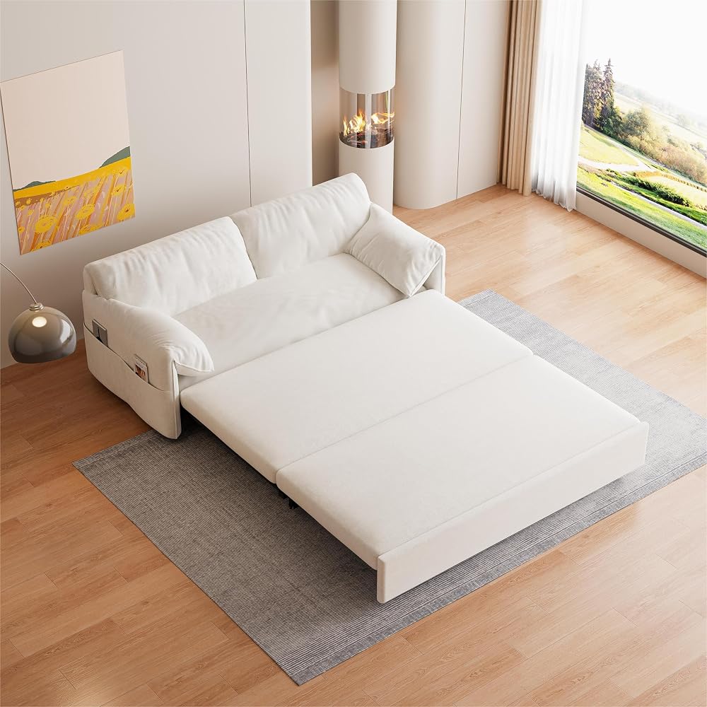 63.8" Convertible Sleeper Sofa,3-in-1 Queen Pull Out Couch with Side Pockets,Multi-Functional Velvet Loveseat Bed for Living Room,Bedroom,Apartment,Office,Beige