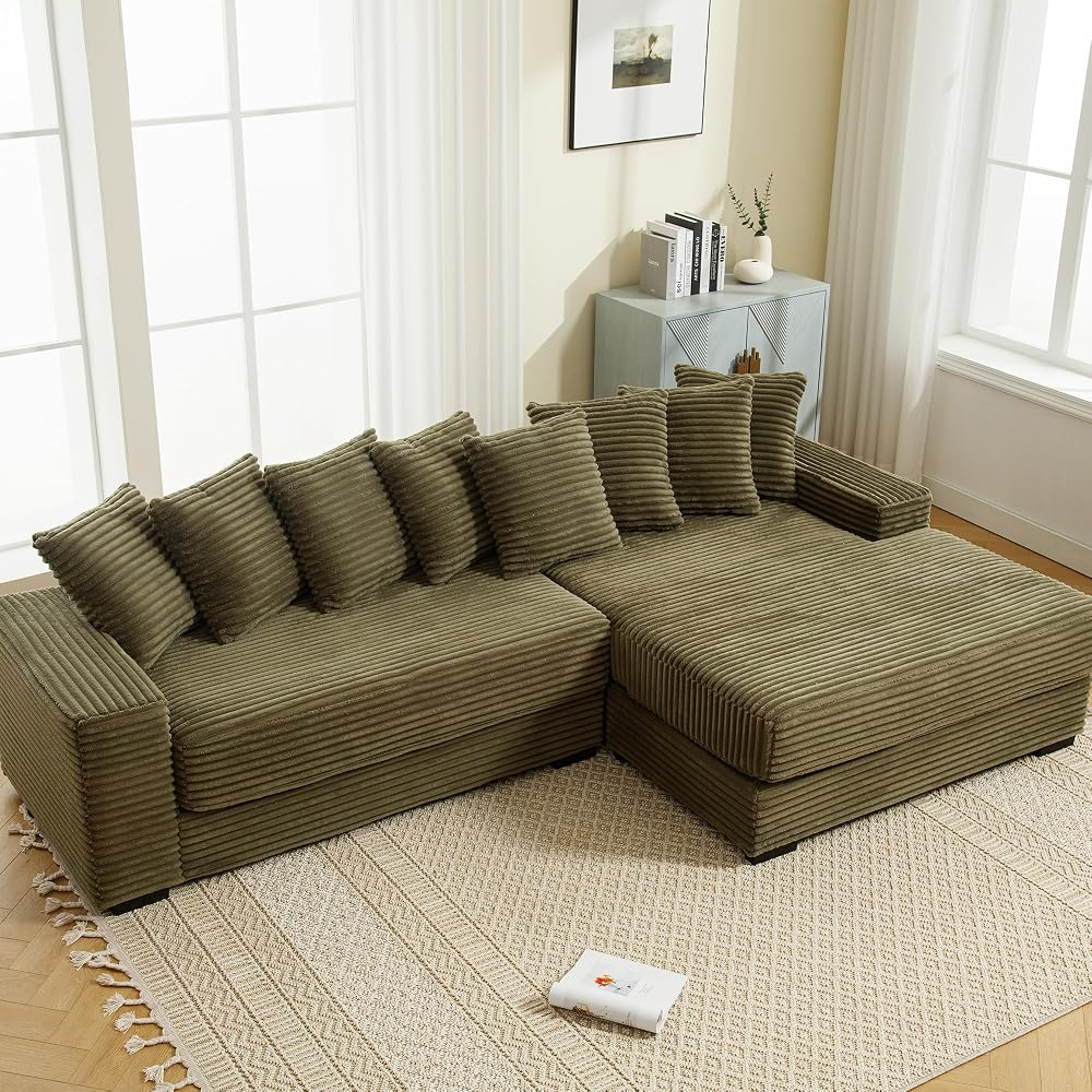 111'' Sleeper Sofa Bed Full Size, Corduroy Modular Sectional Sofa, Green