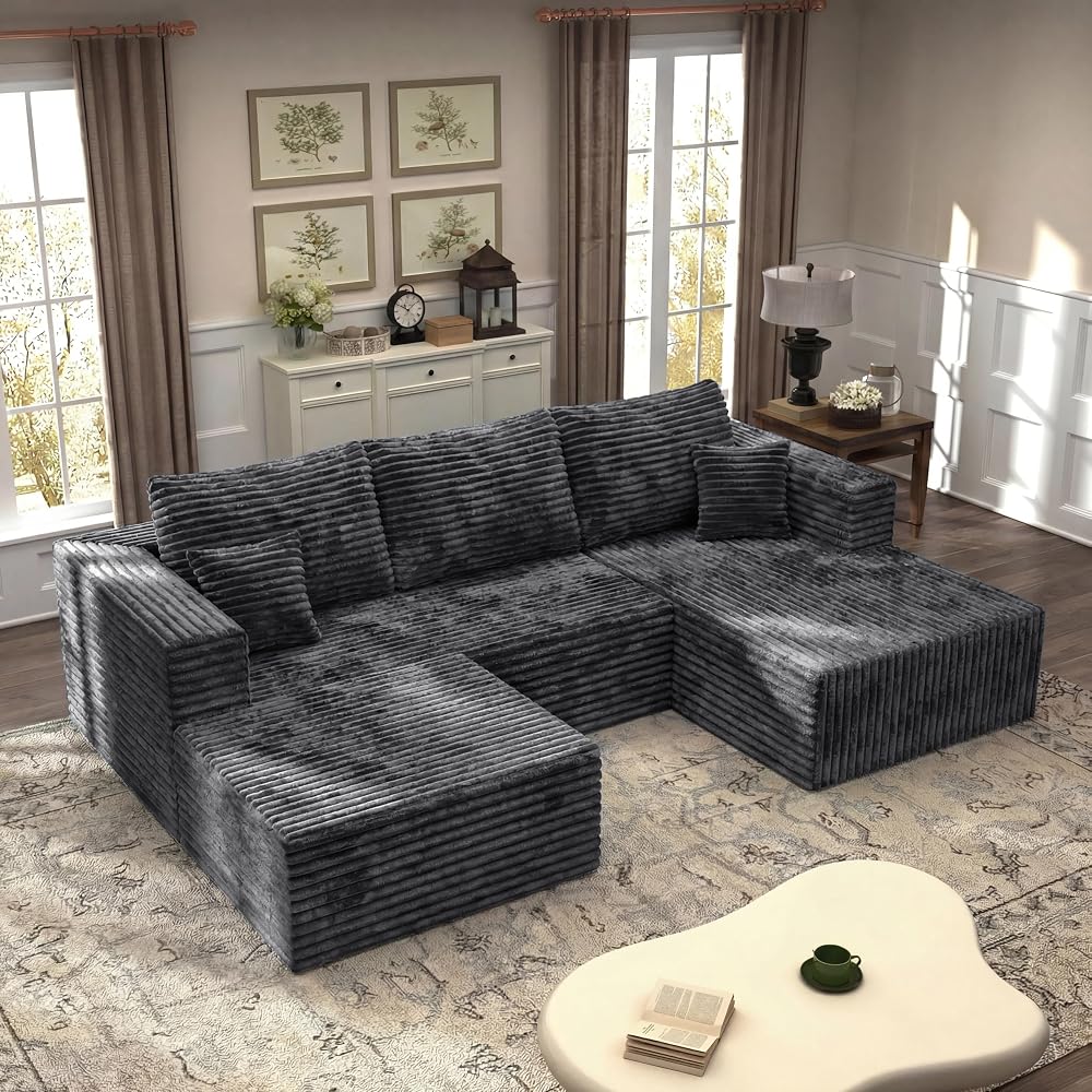 92.5'' U-Shaped Cloud Modular Sectional Sofa, Modern High Back Corduroy Couch with Right Facing Chaise Lounge & Ottoman, Upholstered Boneless Deep Seat Plush Sofa, No Assembly Needed, for Home, Grey