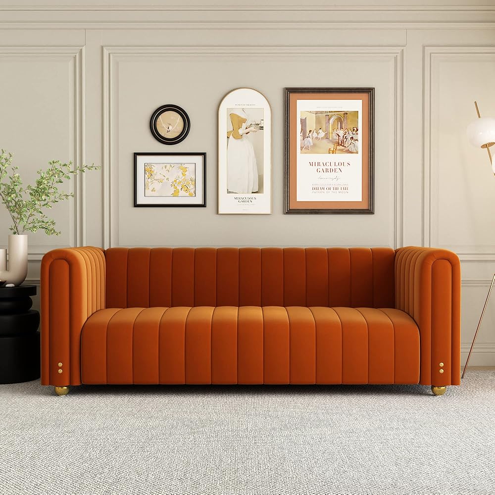 Mid Century Modern Couch Orange Velvet Couch Loveseat Sofa Curved Gold Vintage Boho Love Seat Retro Comfy Couches for Living Room 3 Seat Tufted Deep Sectional Minimalist Velvet Sofa Bedroom Apartment