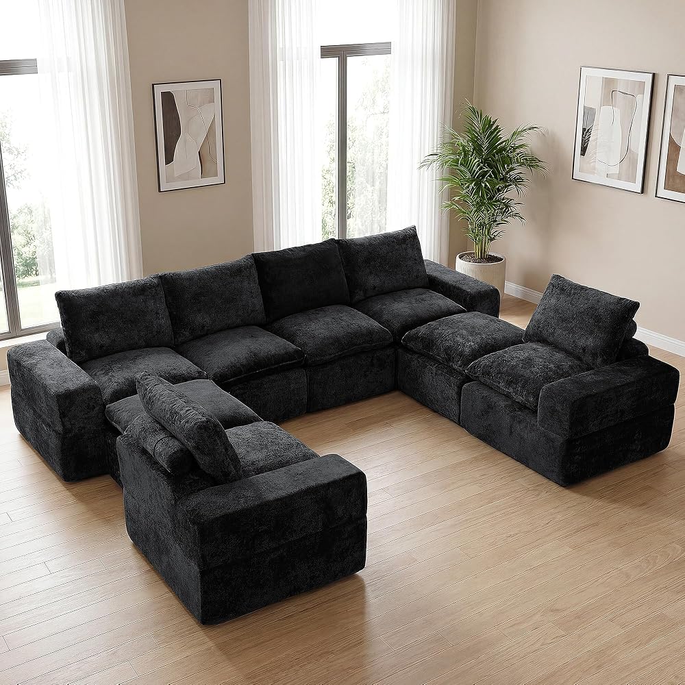 130" U Shaped Modular Sectional Sofa, 8 Seat Cloud Couch, Black