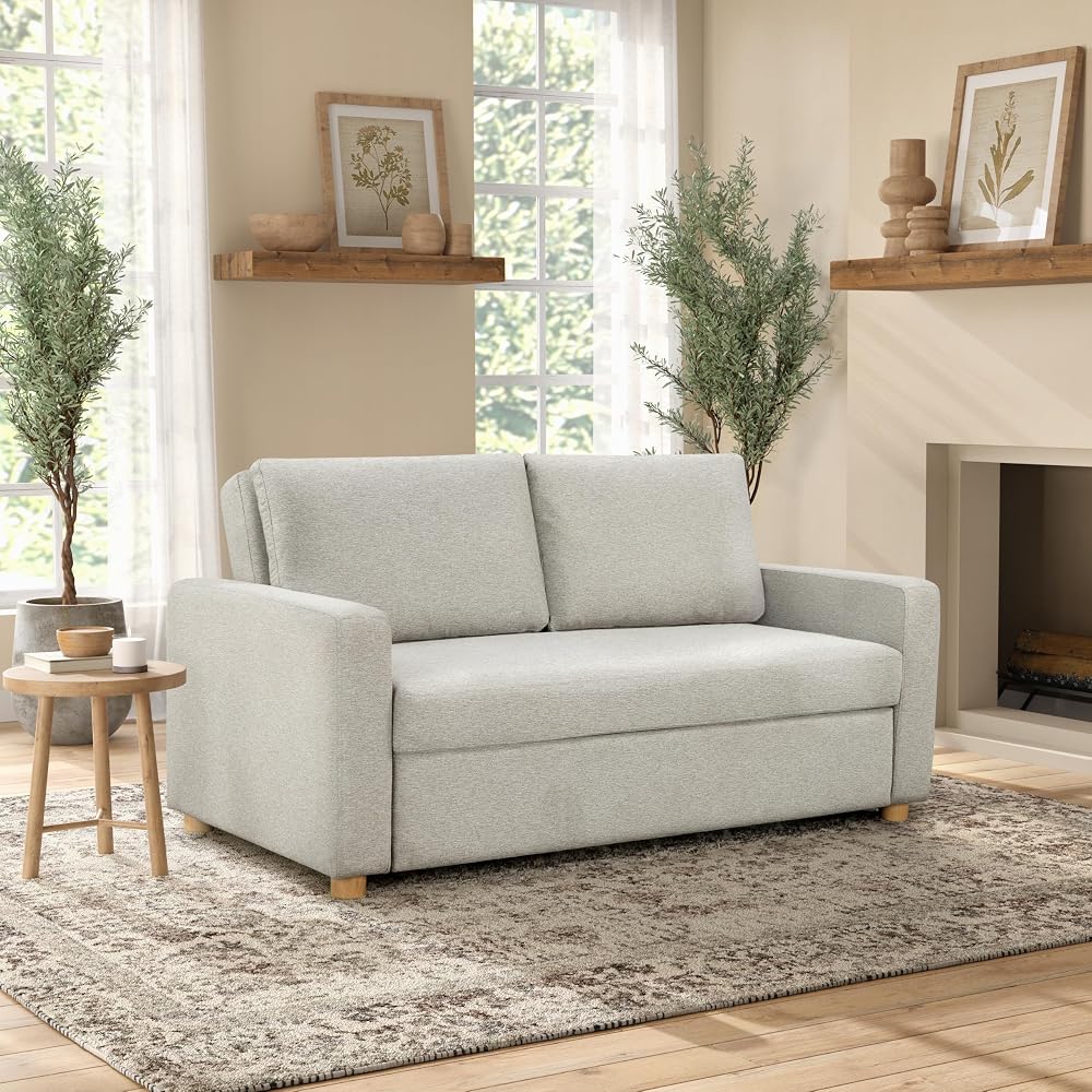 Tulsa 72" Convertible Sleeper Loveseat, Queen Size, Dreamcoil Comfort, FingerGuard Pinch Point Protection, Woven Fabric, Light Gray