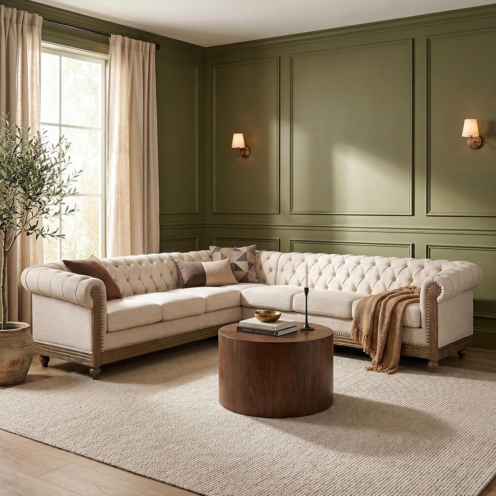 Chesterfield Sofa, Retro Upholstered 6 Seater Rolled Arm Couch for Living Room Bedroom Office, Beige