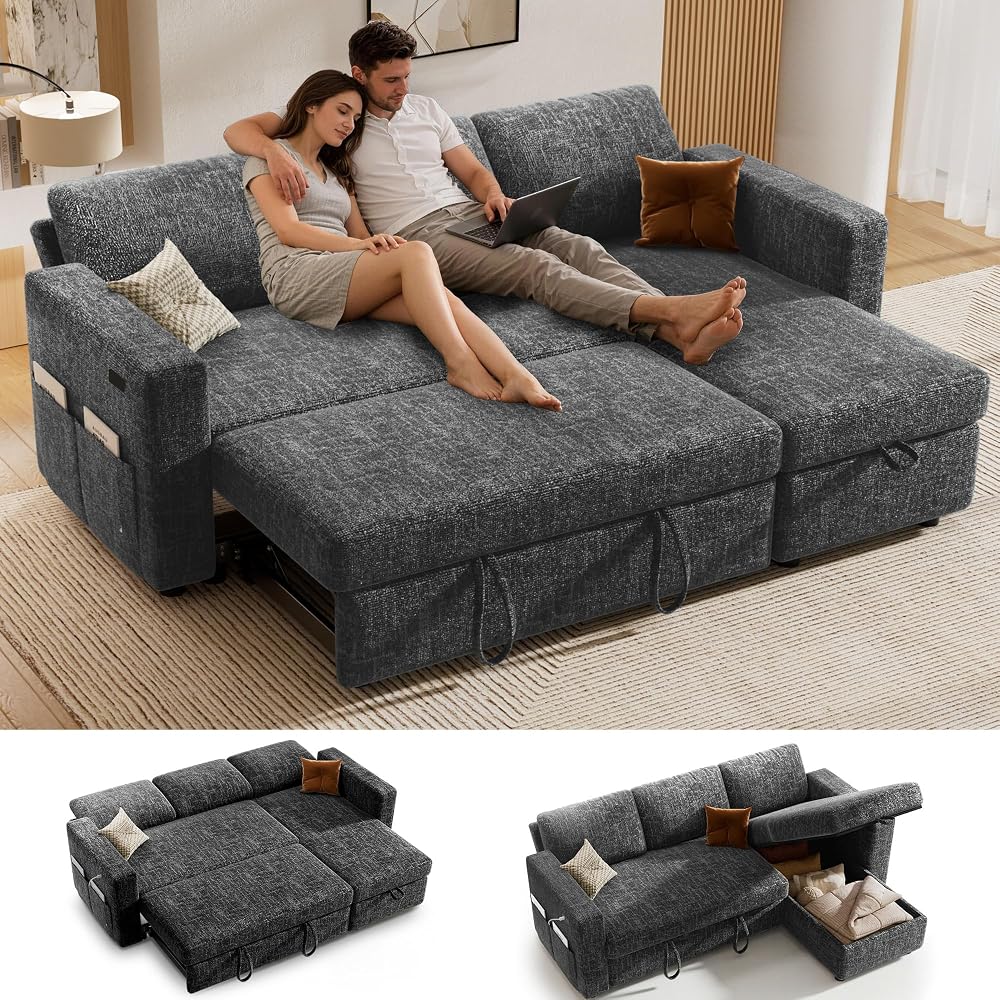 82" Sectional Sleeper Sofa with Pull Out Bed, L Shaped Couch Sleeper Sofa Bed, Pull Out Couch with Reclining Backrest, Reversible Storage Chaise, USB Ports, Tool-Free Assembly, Chenille Grey