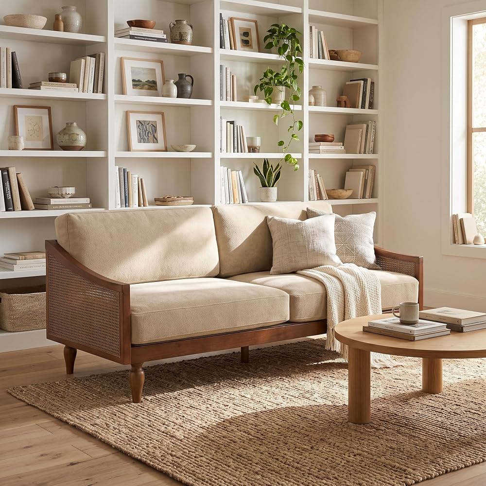 Harper Mid-Century Loveseat Sofa Couch, 2-Seater Lounge Sofa with Rattan Armrests and Wooden Legs, Chenille Upholstered Couches for Living Room, Walnut + Light Brown