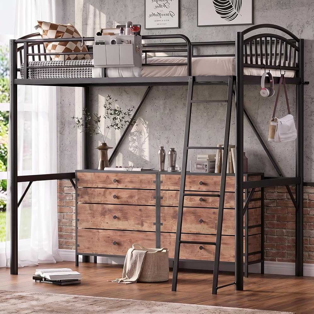 Metal Loft Bed Twin Size, Heavy Duty Loft Bed with Bedside Caddy, EVA Anti-Slip Ladder with Sturdy Guardrails, Space-Saving Twin Size Loft Bed for Teens & Adults for Bedroom Dorm (Black)